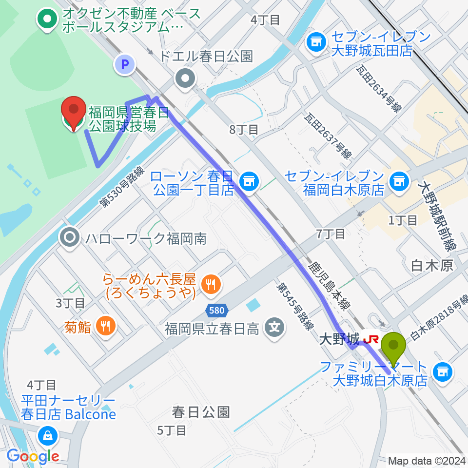 大野城駅からオクゼン不動産フットボールスタジアムへのルートマップ地図