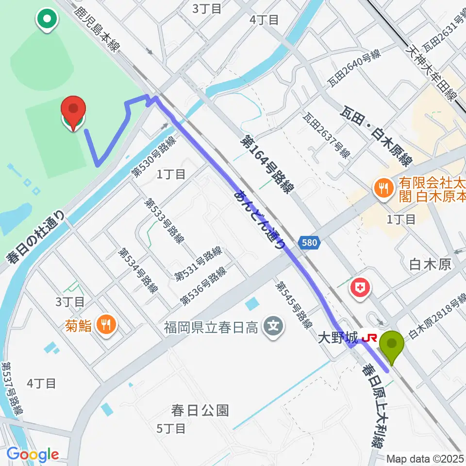 大野城駅からオクゼン不動産フットボールスタジアムへのルートマップ地図