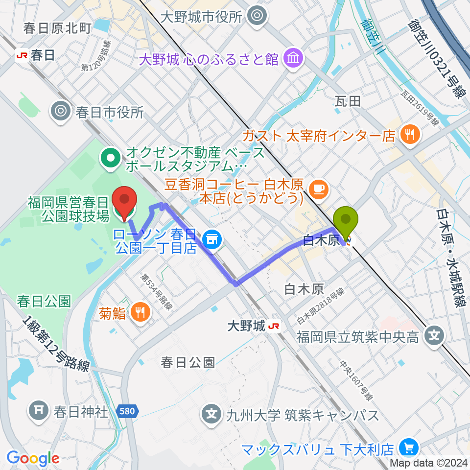白木原駅からオクゼン不動産フットボールスタジアムへのルートマップ地図