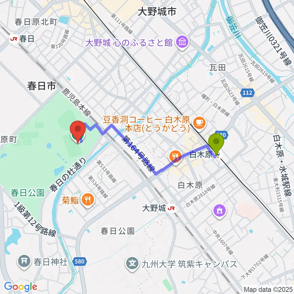 白木原駅からオクゼン不動産フットボールスタジアムへのルートマップ地図