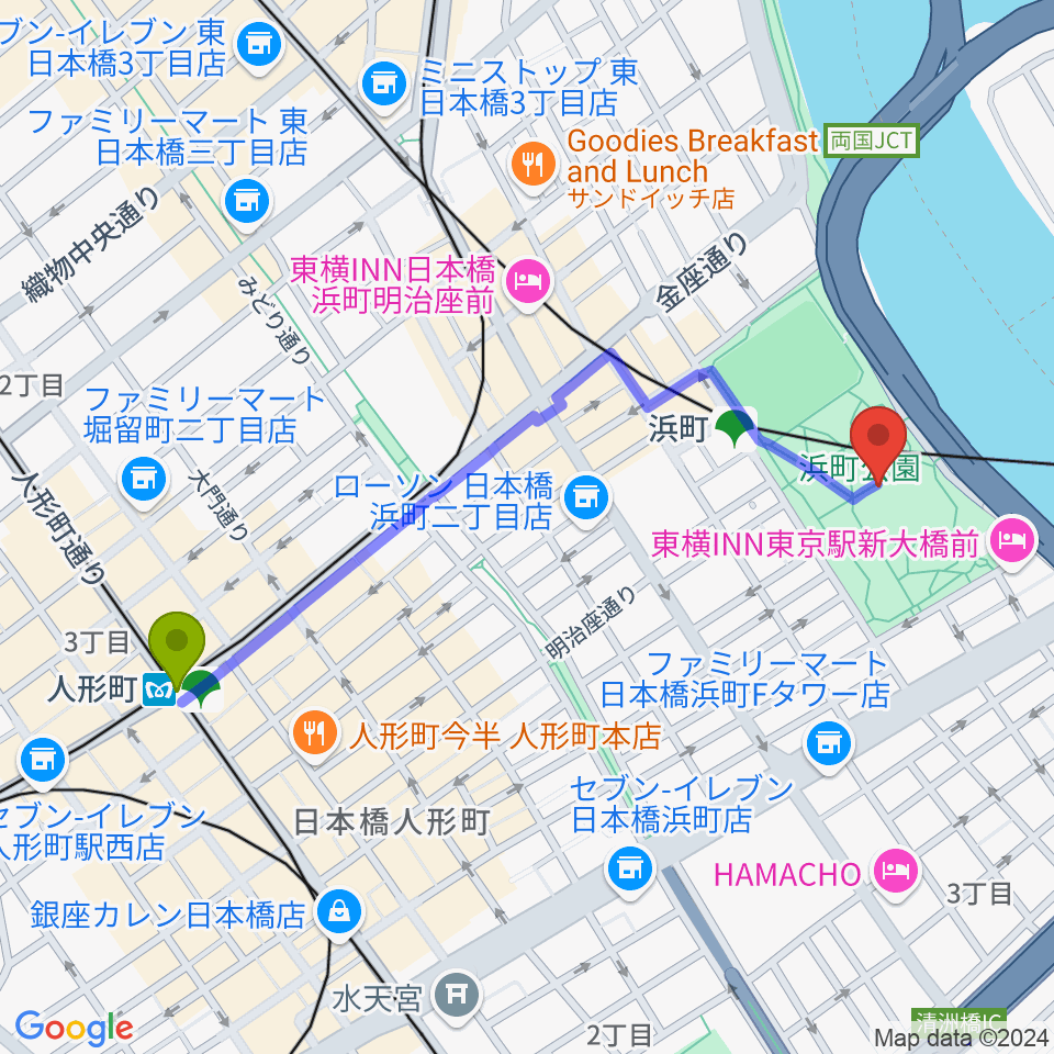 人形町駅から中央区立総合スポーツセンターへのルートマップ地図