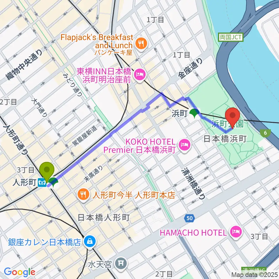 人形町駅から中央区立総合スポーツセンターへのルートマップ地図