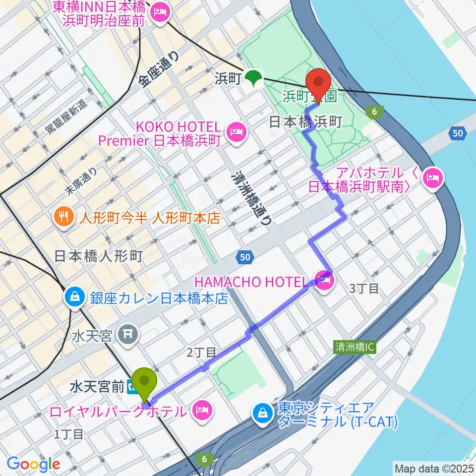 水天宮前駅から中央区立総合スポーツセンターへのルートマップ地図