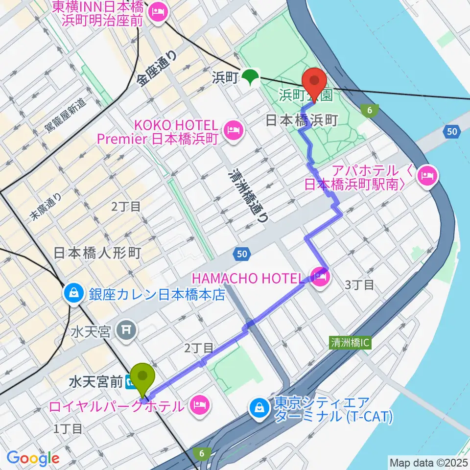 水天宮前駅から中央区立総合スポーツセンターへのルートマップ地図