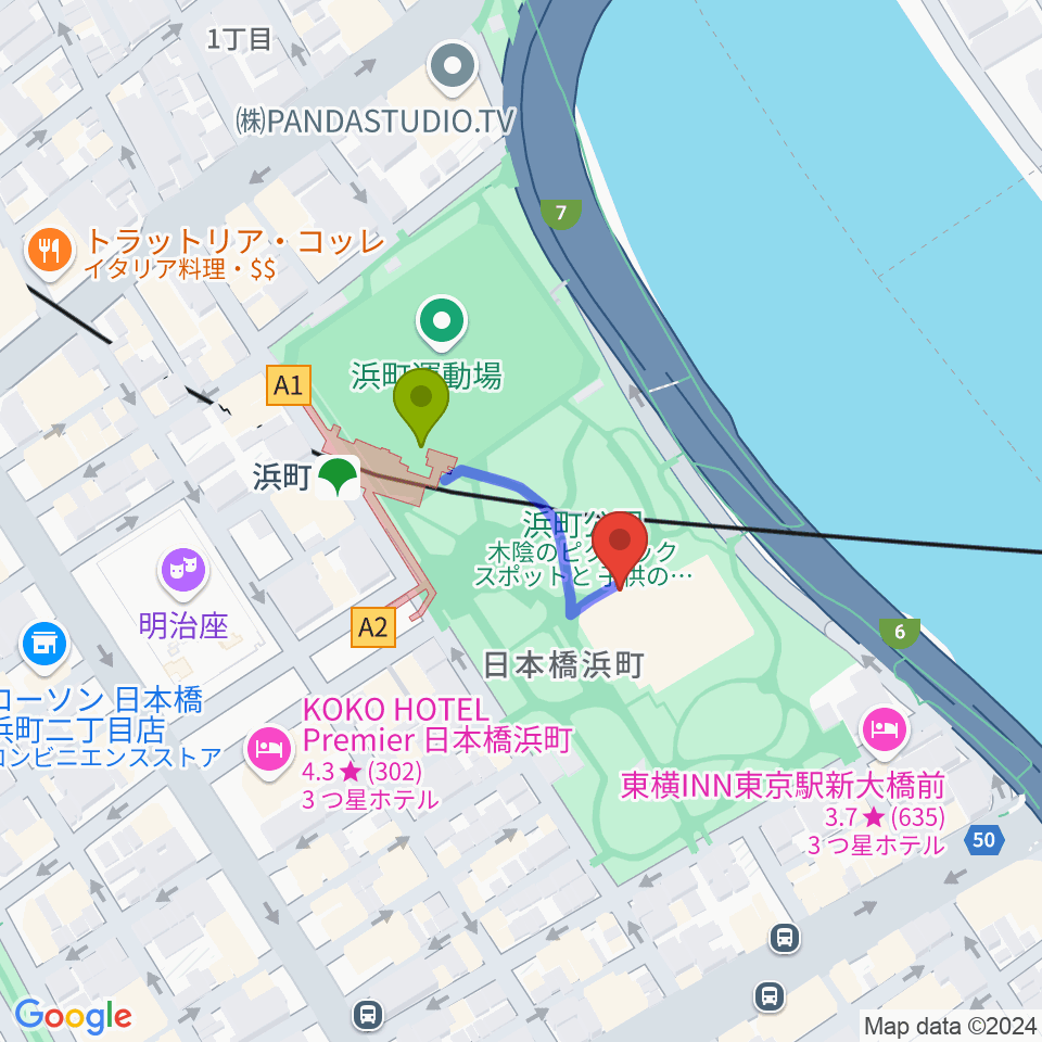 中央区立総合スポーツセンターの最寄駅浜町駅からの徒歩ルート（約2分）地図