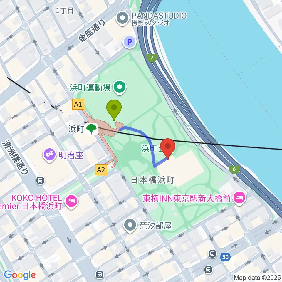 中央区立総合スポーツセンターの最寄駅浜町駅からの徒歩ルート（約2分）地図
