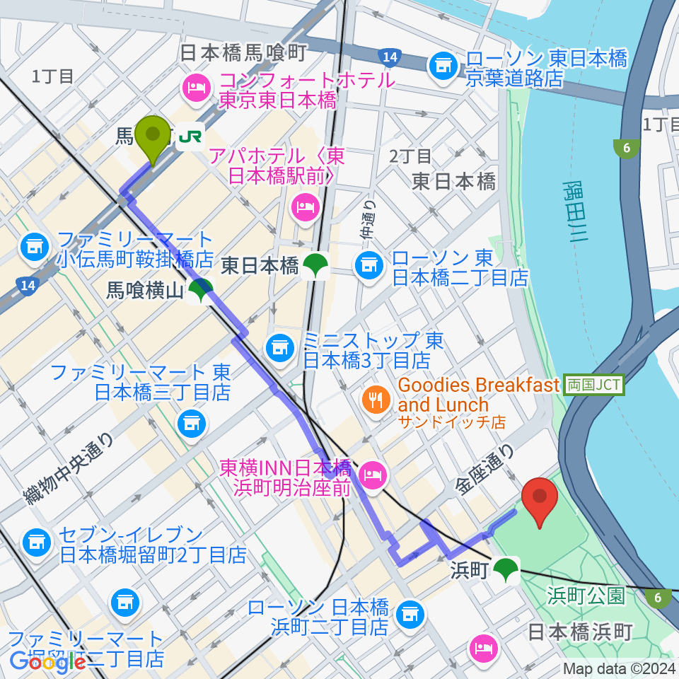 馬喰町駅から浜町運動場へのルートマップ地図