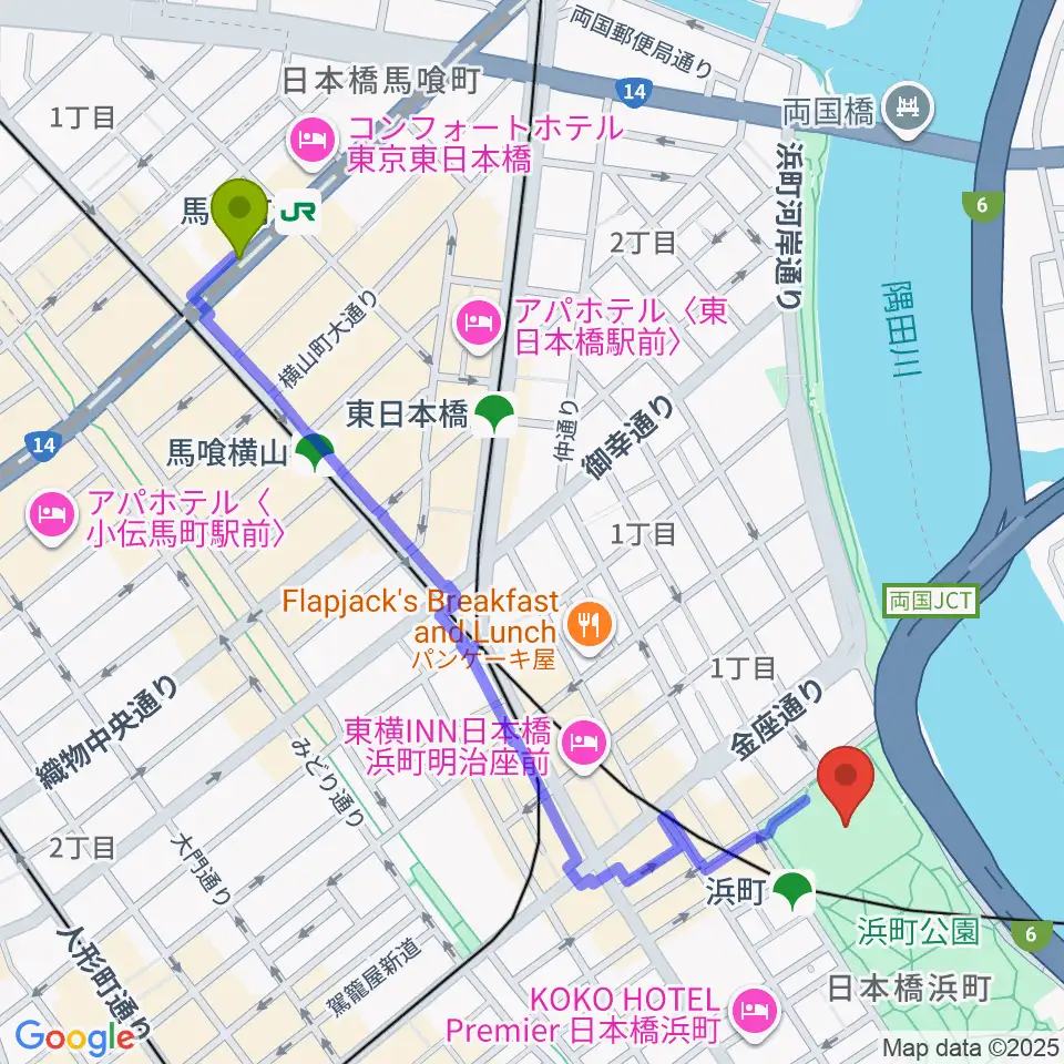 馬喰町駅から浜町運動場へのルートマップ地図