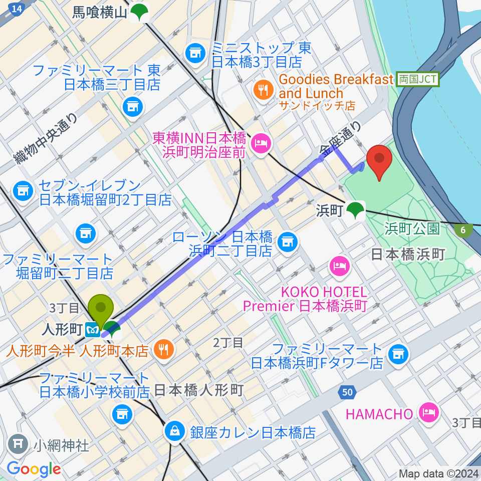 人形町駅から浜町運動場へのルートマップ地図