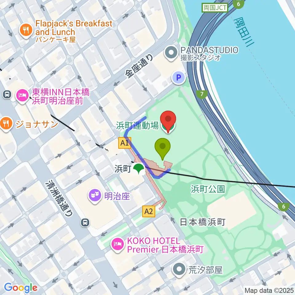 浜町運動場の最寄駅浜町駅からの徒歩ルート（約1分）地図