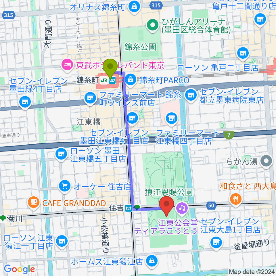 錦糸町駅から猿江恩賜公園野球場へのルートマップ地図