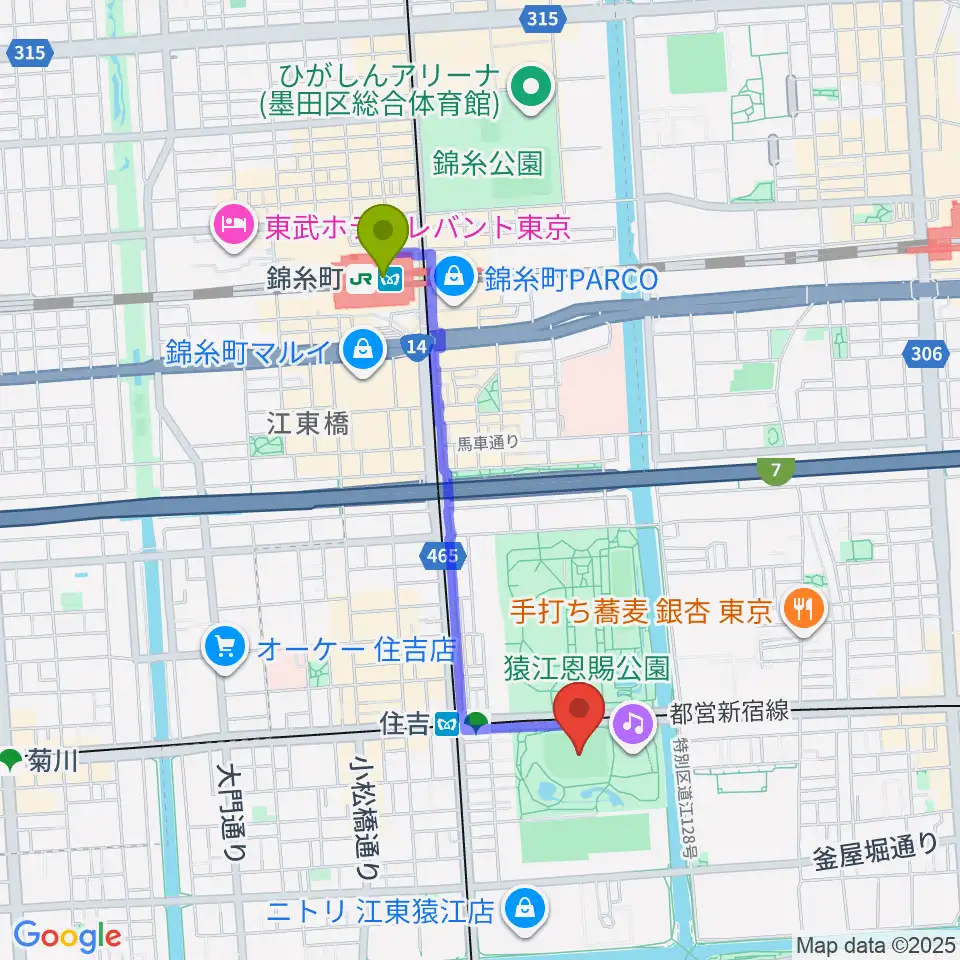 錦糸町駅から猿江恩賜公園野球場へのルートマップ地図