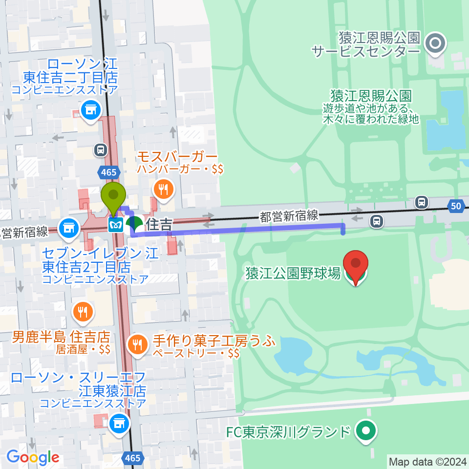 猿江恩賜公園野球場の最寄駅住吉駅からの徒歩ルート（約4分）地図