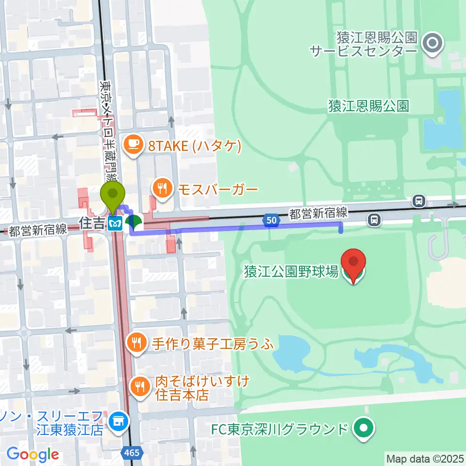 猿江恩賜公園野球場の最寄駅住吉駅からの徒歩ルート（約4分）地図