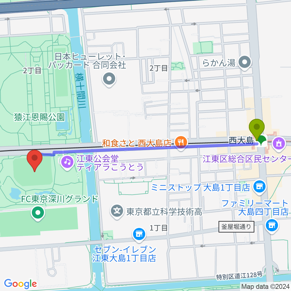 西大島駅から猿江恩賜公園野球場へのルートマップ地図