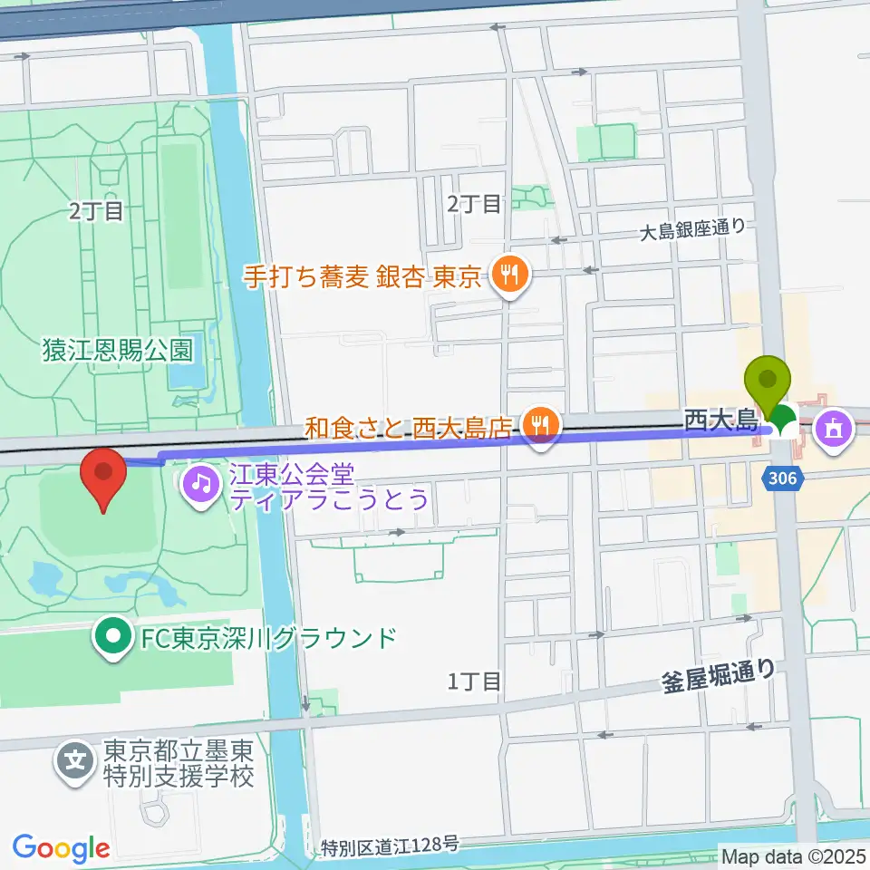 西大島駅から猿江恩賜公園野球場へのルートマップ地図