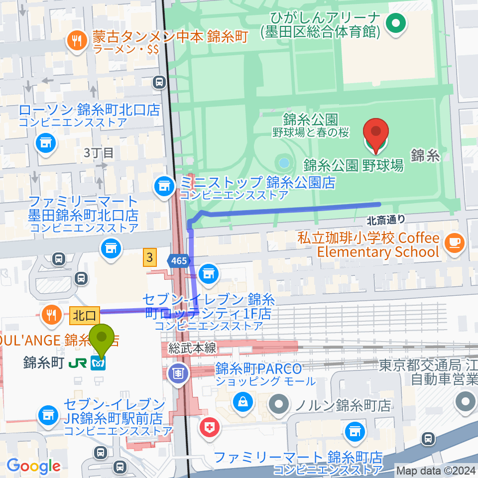 錦糸公園野球場の最寄駅錦糸町駅からの徒歩ルート（約6分）地図