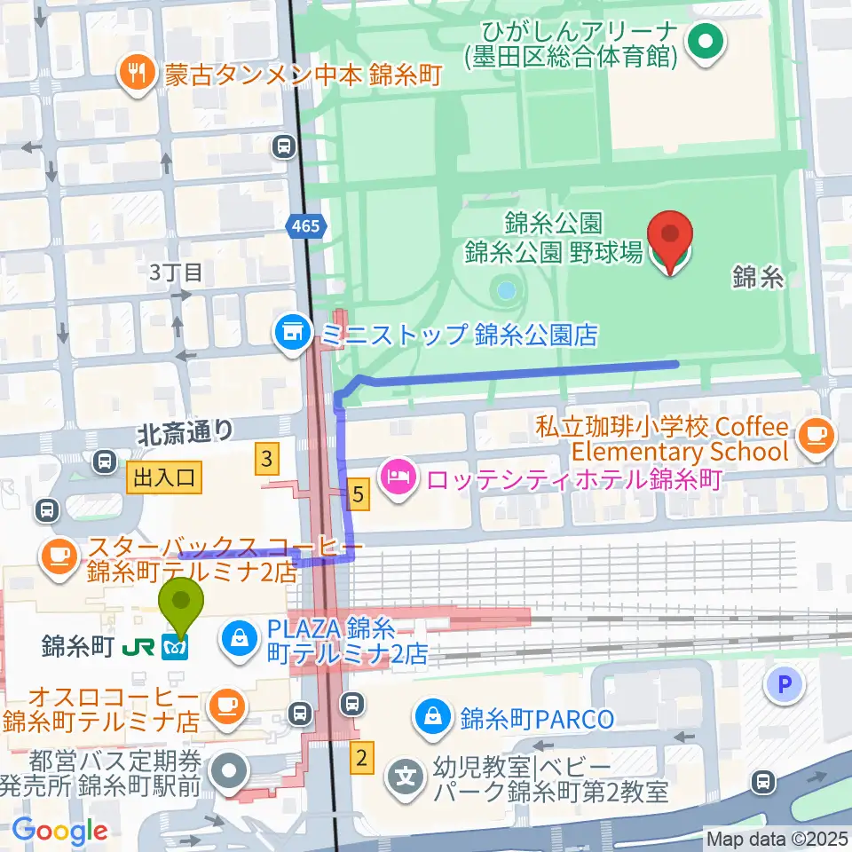 錦糸公園野球場の最寄駅錦糸町駅からの徒歩ルート（約6分）地図