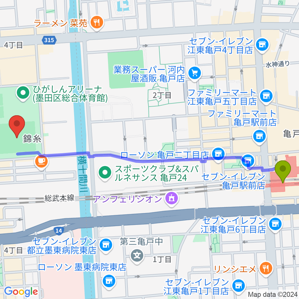 亀戸駅から錦糸公園野球場へのルートマップ地図