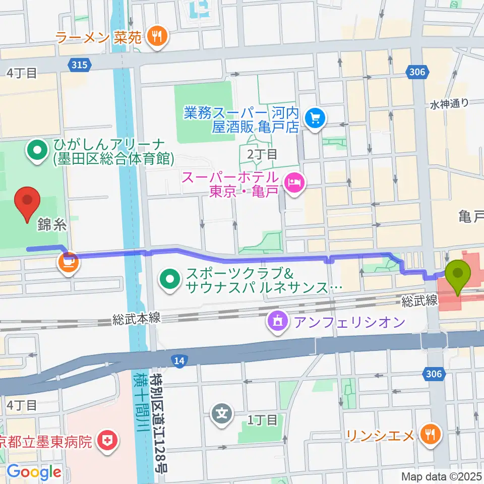 亀戸駅から錦糸公園野球場へのルートマップ地図