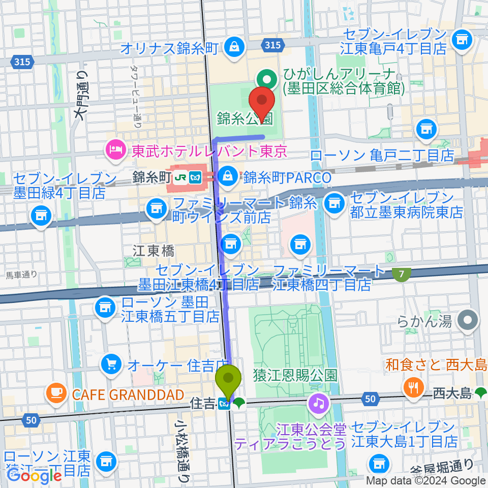 住吉駅から錦糸公園野球場へのルートマップ地図