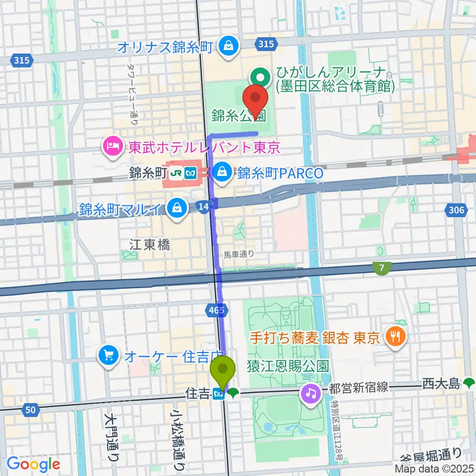 住吉駅から錦糸公園野球場へのルートマップ地図