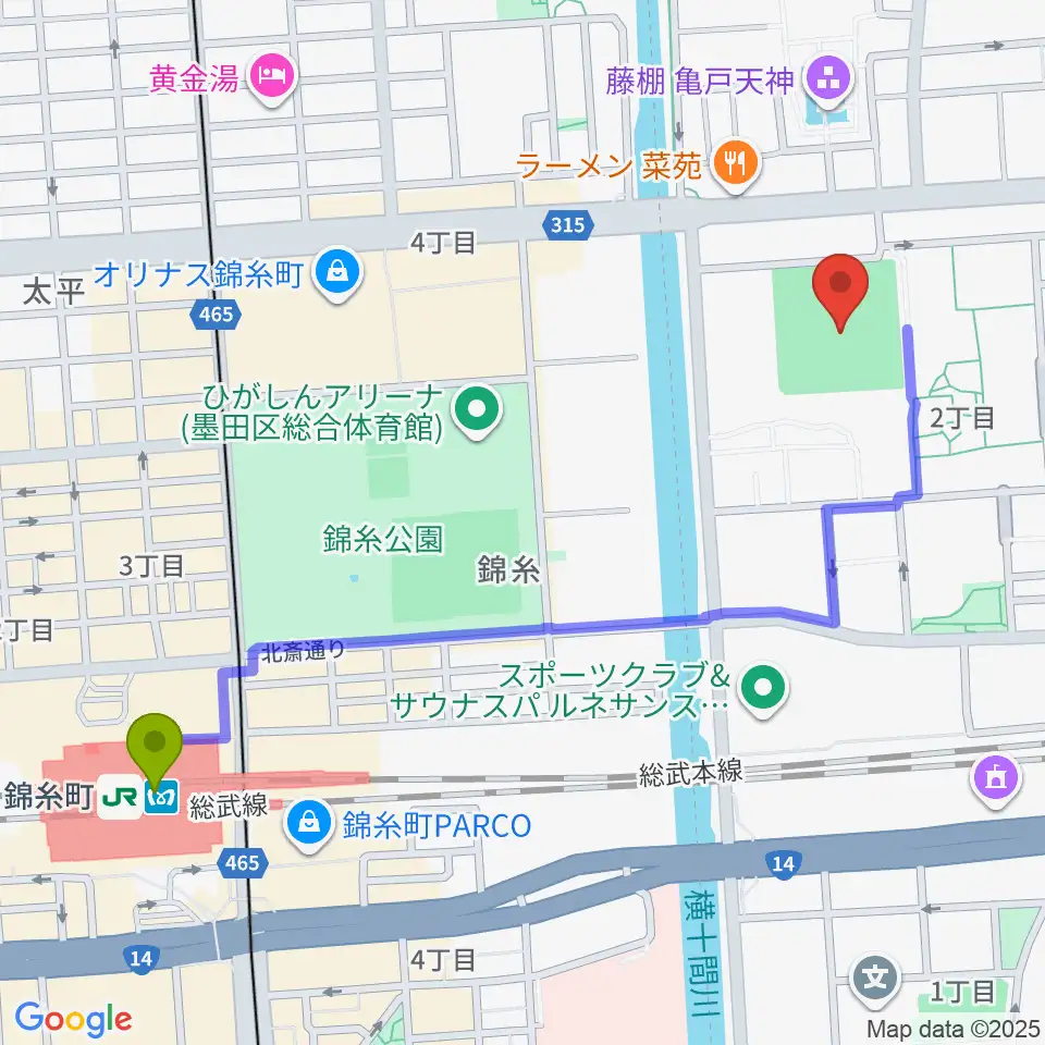 錦糸町駅から江東区営亀戸野球場へのルートマップ地図