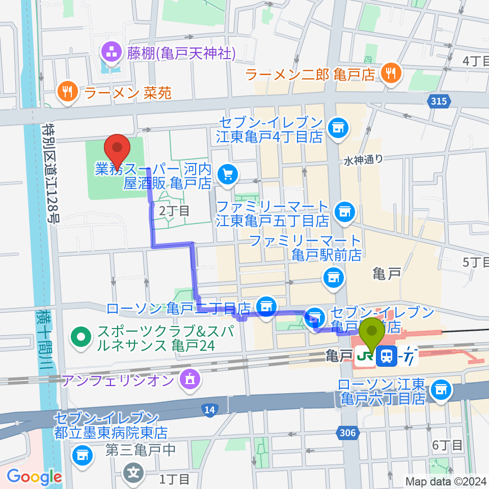 江東区営亀戸野球場の最寄駅亀戸駅からの徒歩ルート（約10分）地図