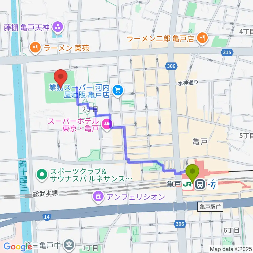 江東区営亀戸野球場の最寄駅亀戸駅からの徒歩ルート（約10分）地図