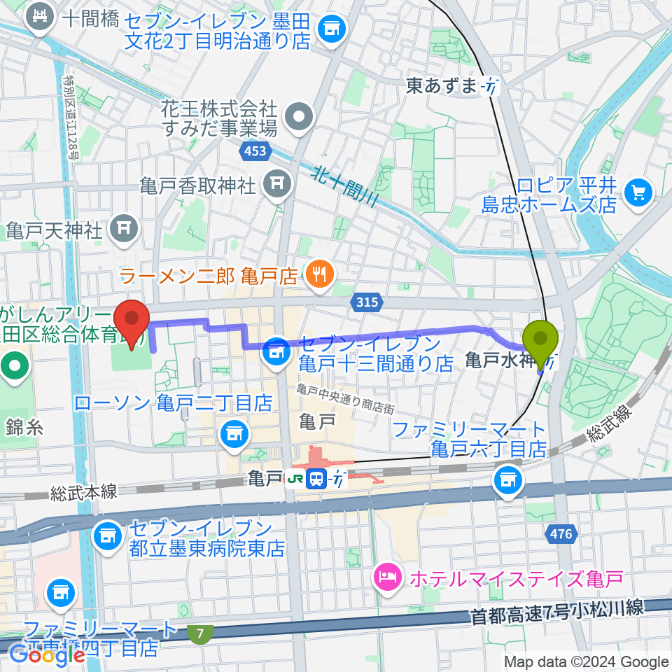 亀戸水神駅から江東区営亀戸野球場へのルートマップ地図