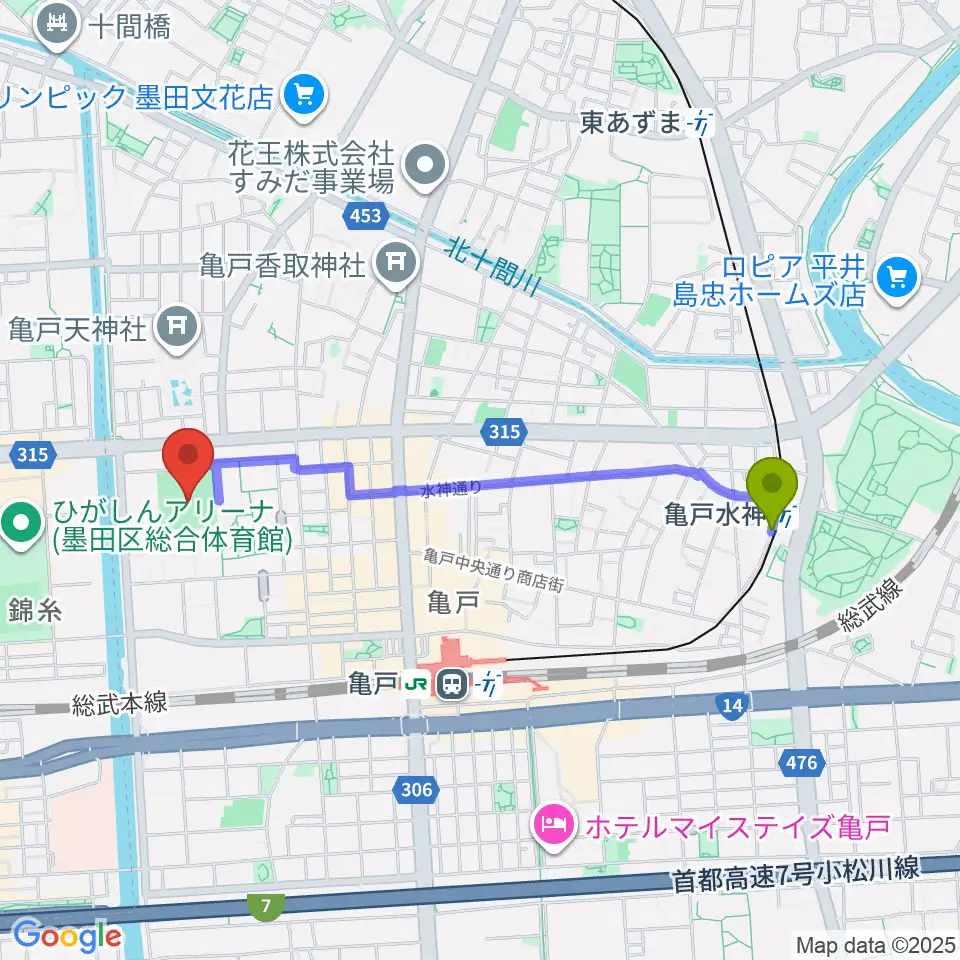 亀戸水神駅から江東区営亀戸野球場へのルートマップ地図
