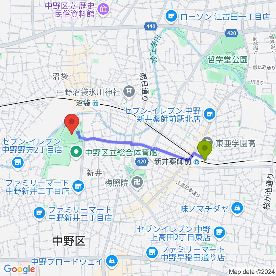 新井薬師前駅から平和の森公園多目的運動広場へのルートマップ地図