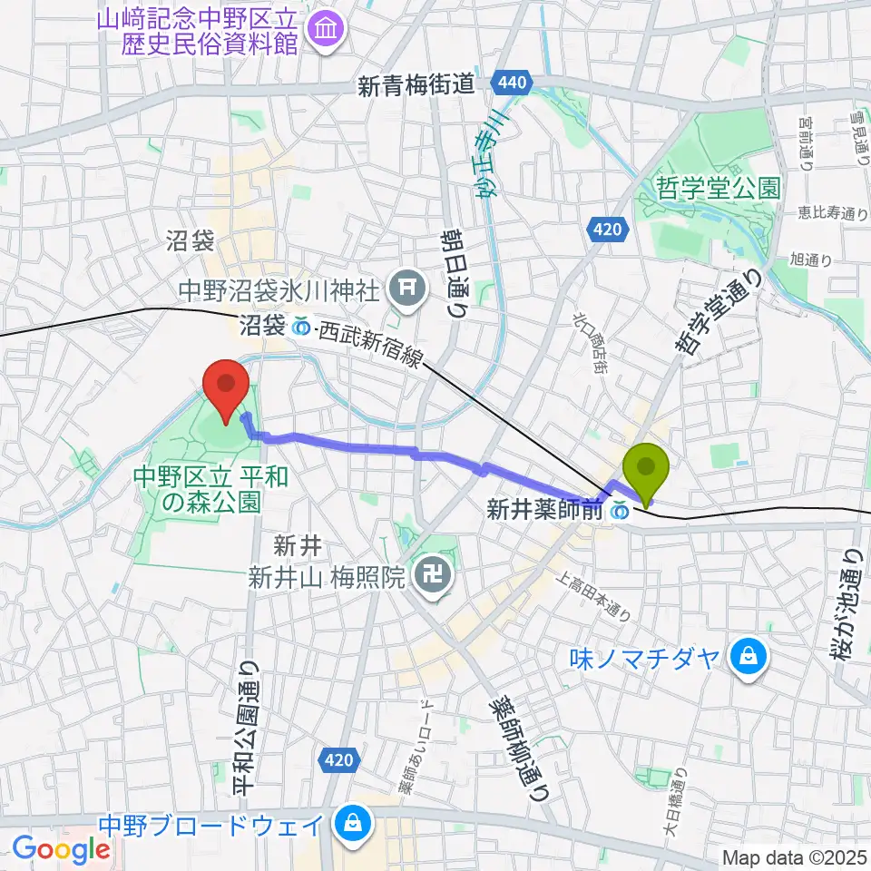 新井薬師前駅から平和の森公園多目的運動広場へのルートマップ地図