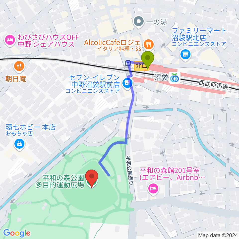 平和の森公園多目的運動広場の最寄駅沼袋駅からの徒歩ルート（約4分）地図