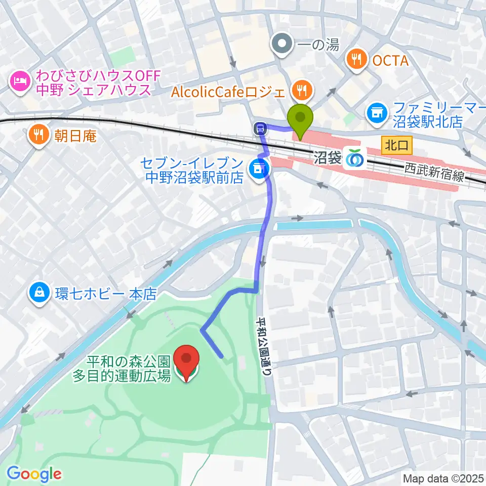 平和の森公園多目的運動広場の最寄駅沼袋駅からの徒歩ルート（約4分）地図
