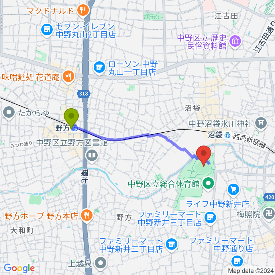 野方駅から平和の森公園多目的運動広場へのルートマップ地図