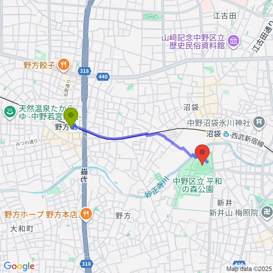野方駅から平和の森公園多目的運動広場へのルートマップ地図