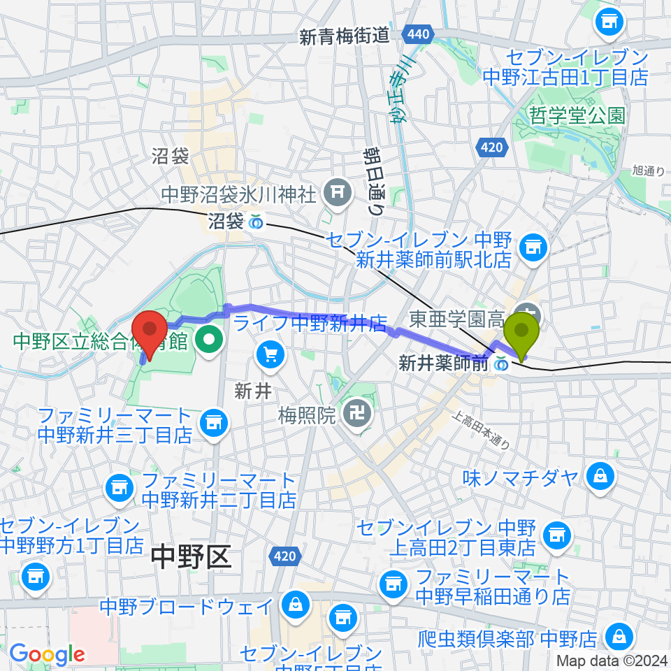 新井薬師前駅から平和の森公園草地広場へのルートマップ地図