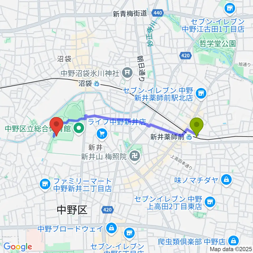 新井薬師前駅から平和の森公園草地広場へのルートマップ地図