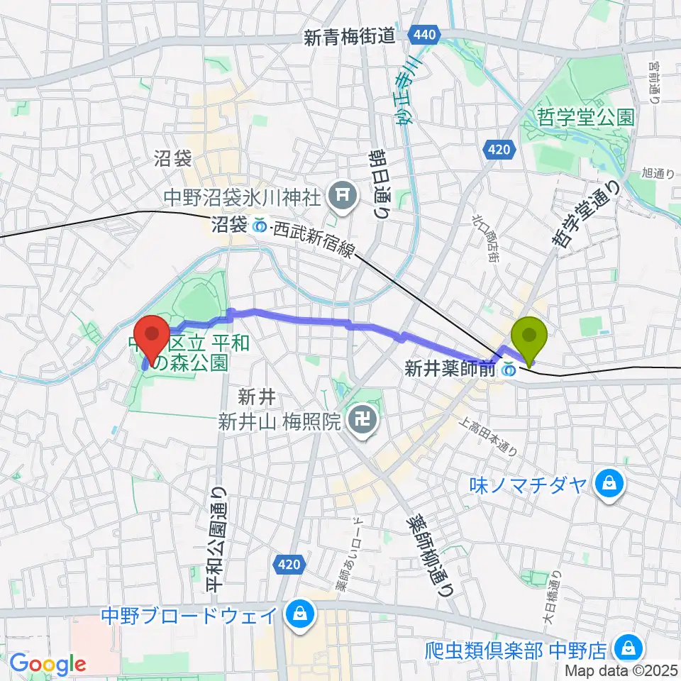 新井薬師前駅から平和の森公園草地広場へのルートマップ地図