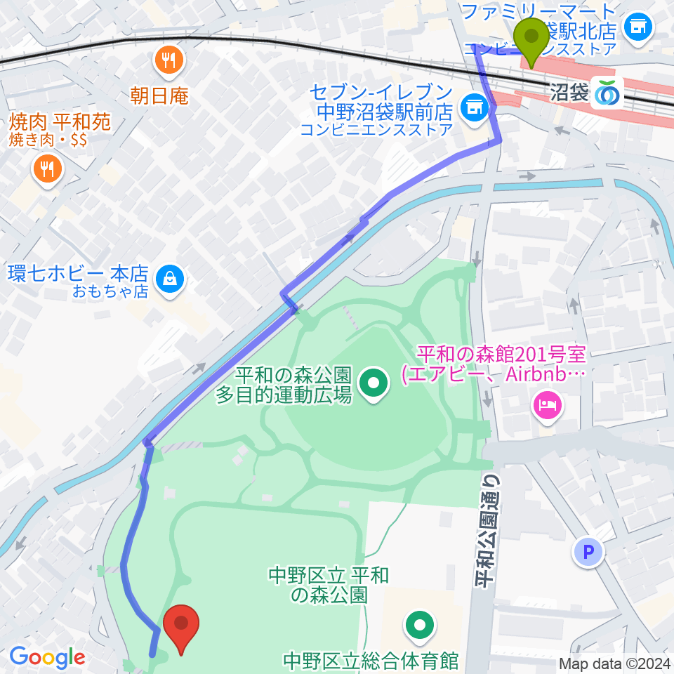 平和の森公園草地広場の最寄駅沼袋駅からの徒歩ルート（約8分）地図