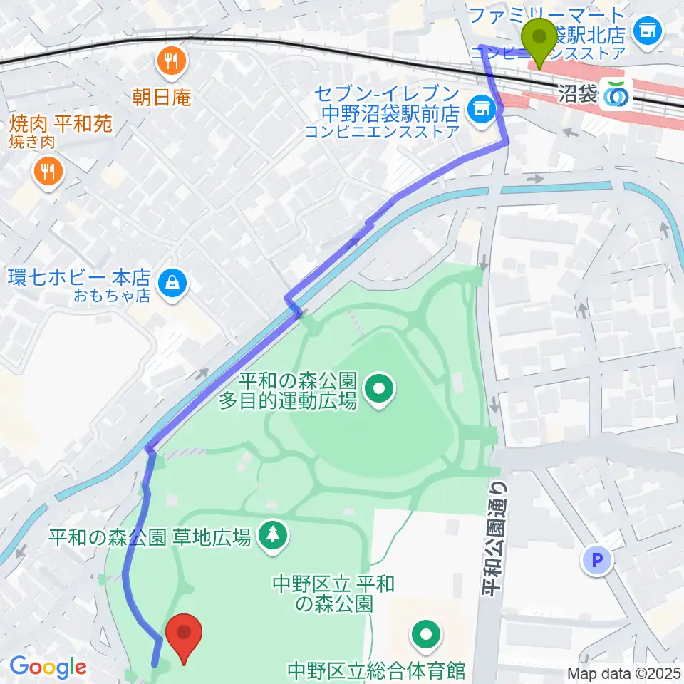 平和の森公園草地広場の最寄駅沼袋駅からの徒歩ルート（約8分）地図