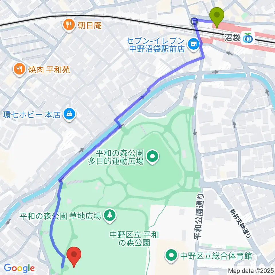 平和の森公園草地広場の最寄駅沼袋駅からの徒歩ルート（約8分）地図
