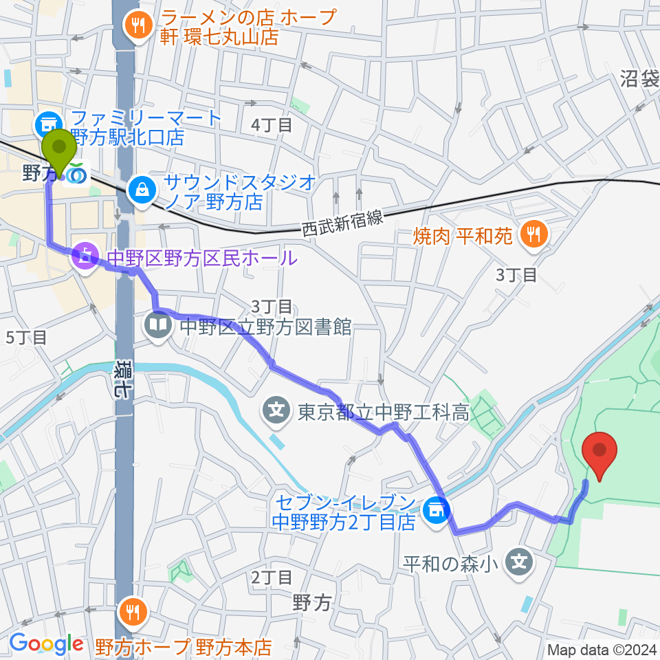 野方駅から平和の森公園草地広場へのルートマップ地図