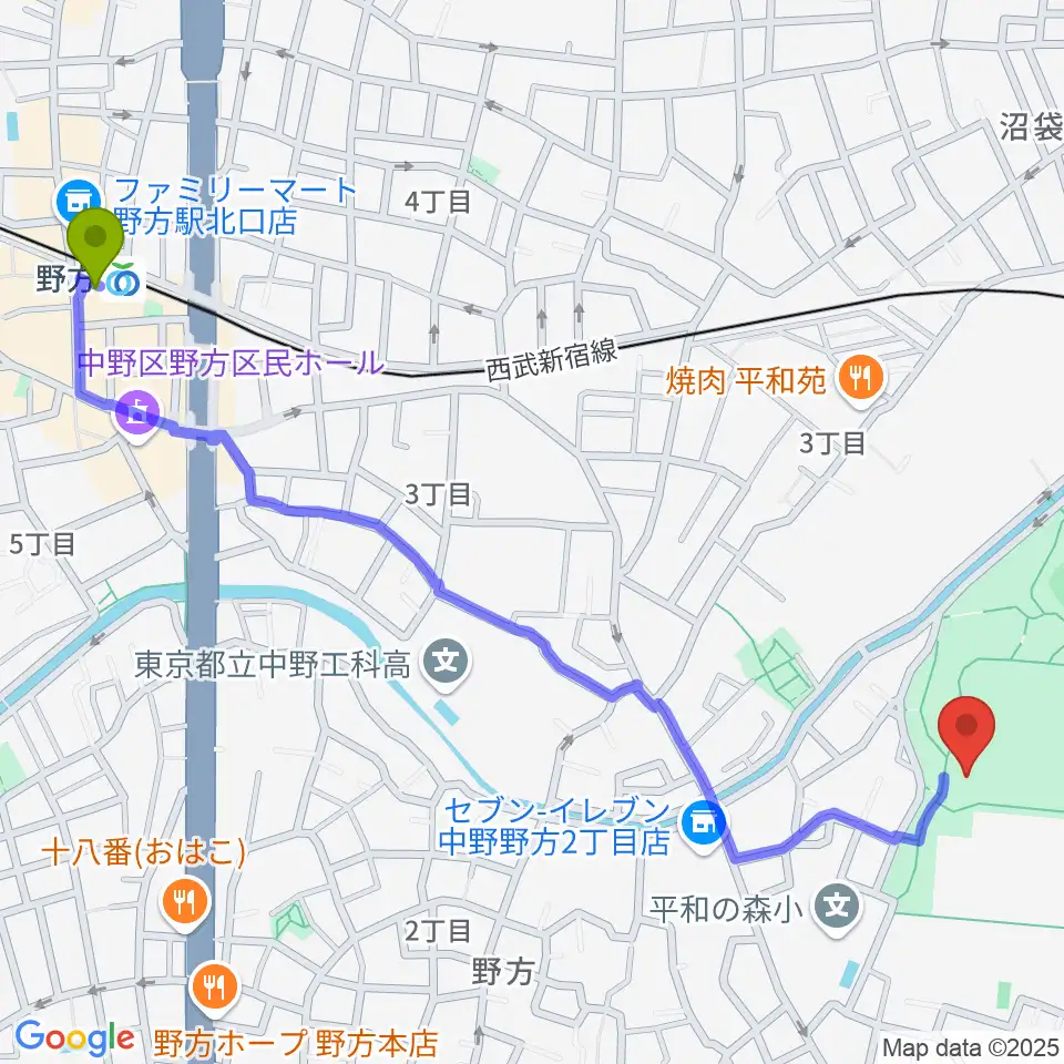 野方駅から平和の森公園草地広場へのルートマップ地図