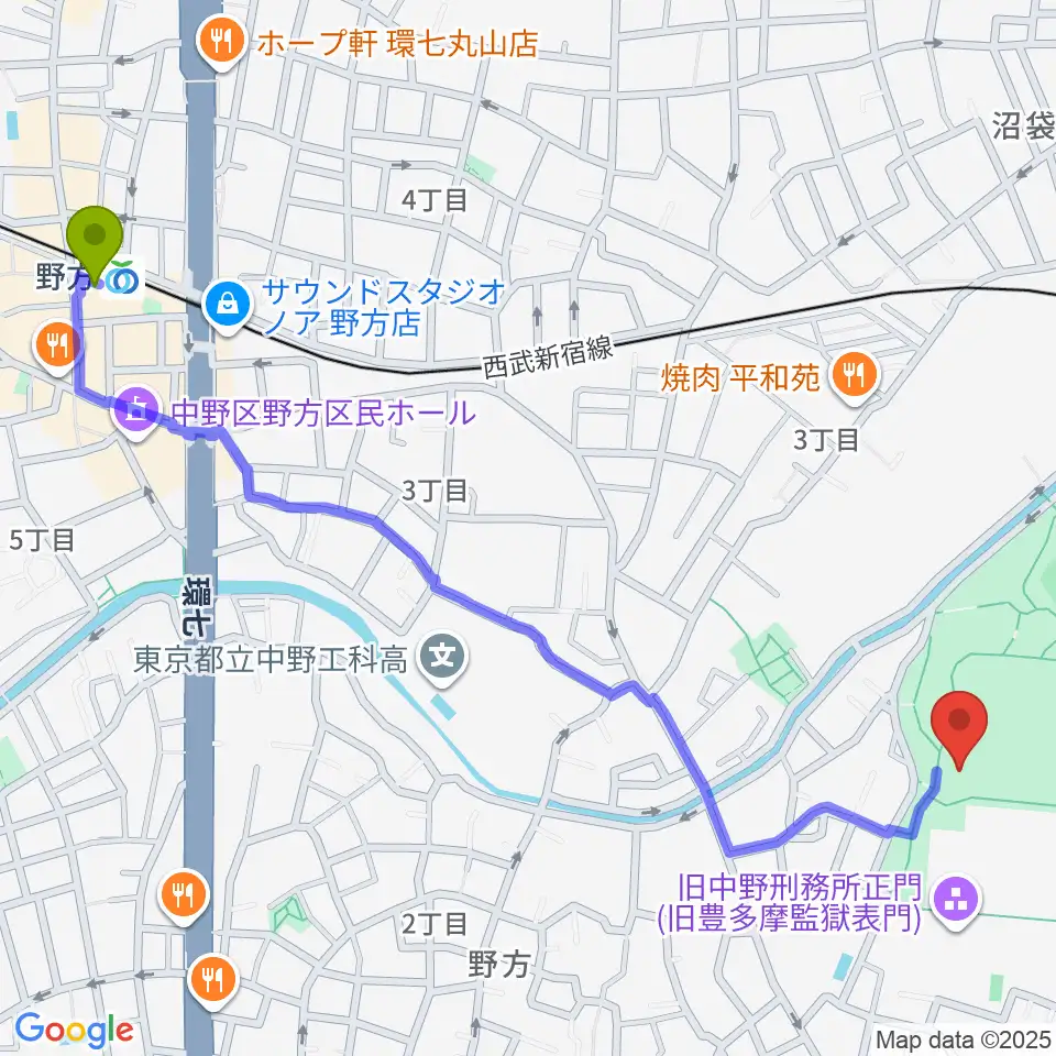 野方駅から平和の森公園草地広場へのルートマップ地図