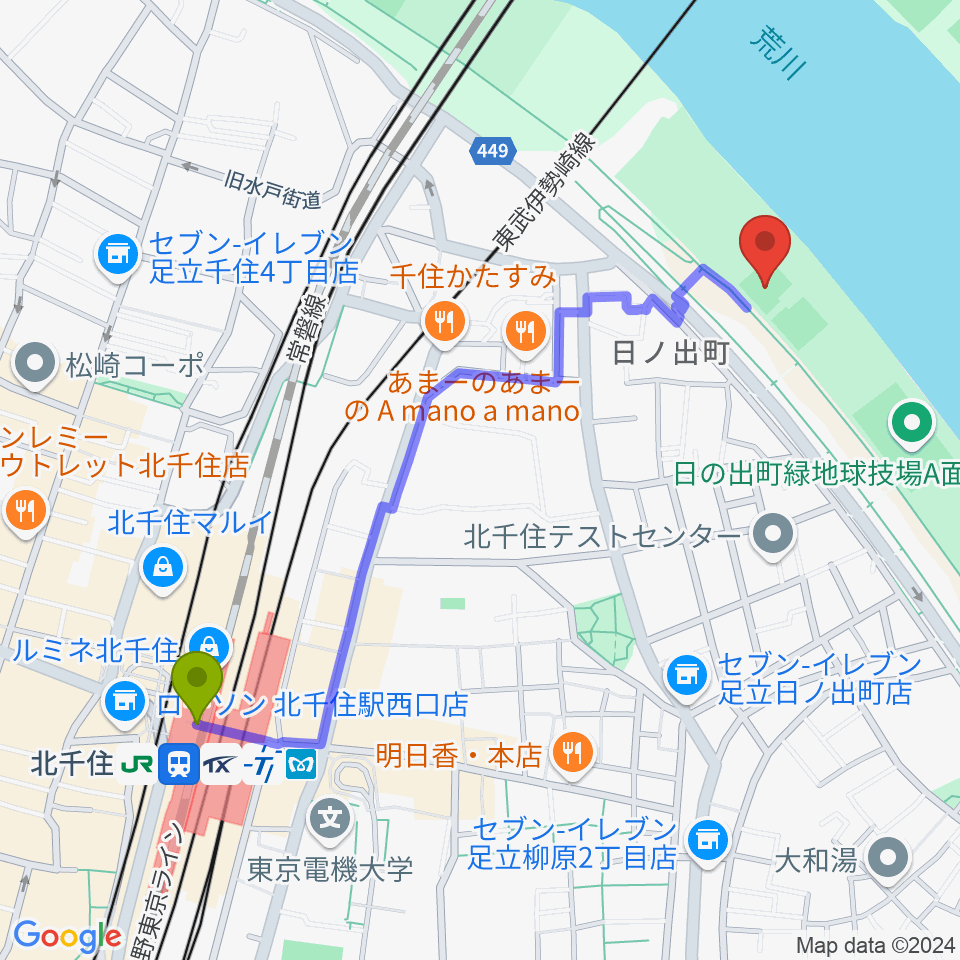 北千住駅から日の出町緑地野球場へのルートマップ地図