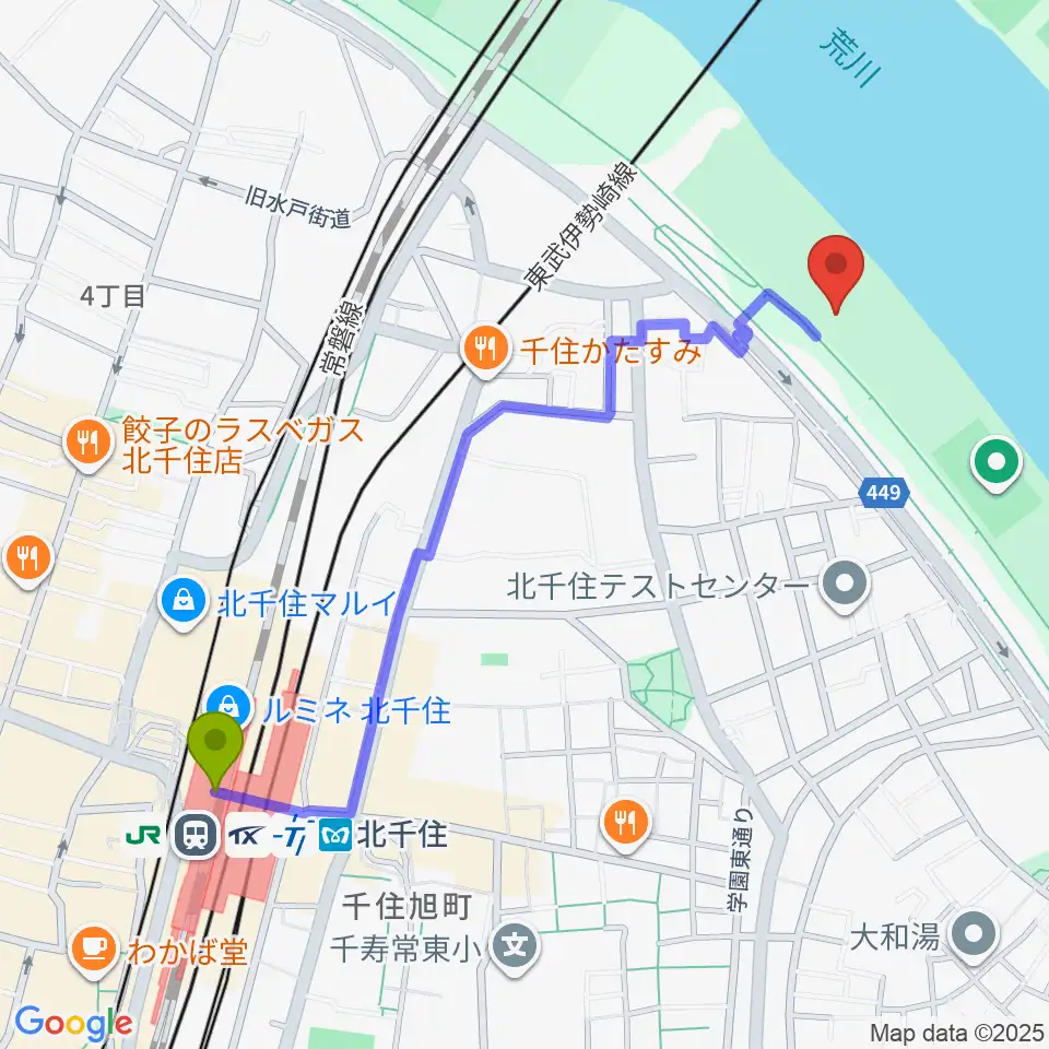 北千住駅から日の出町緑地野球場へのルートマップ地図