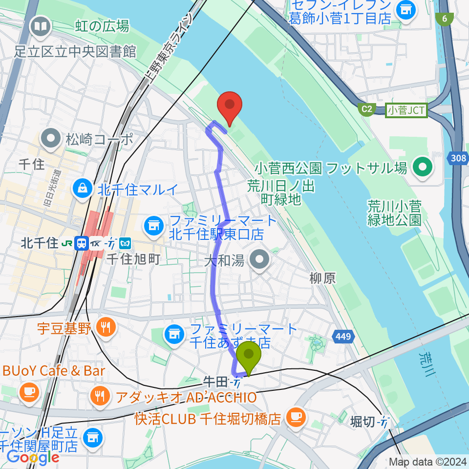 牛田駅から日の出町緑地野球場へのルートマップ地図