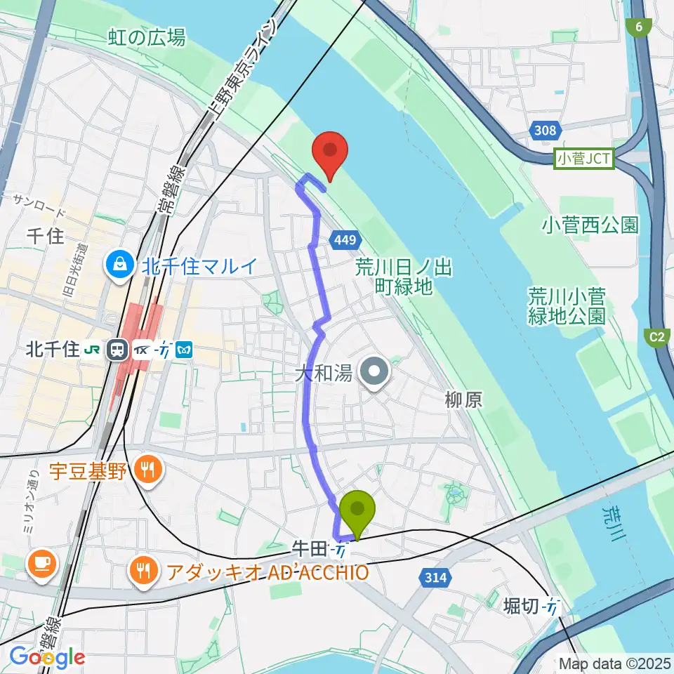 牛田駅から日の出町緑地野球場へのルートマップ地図